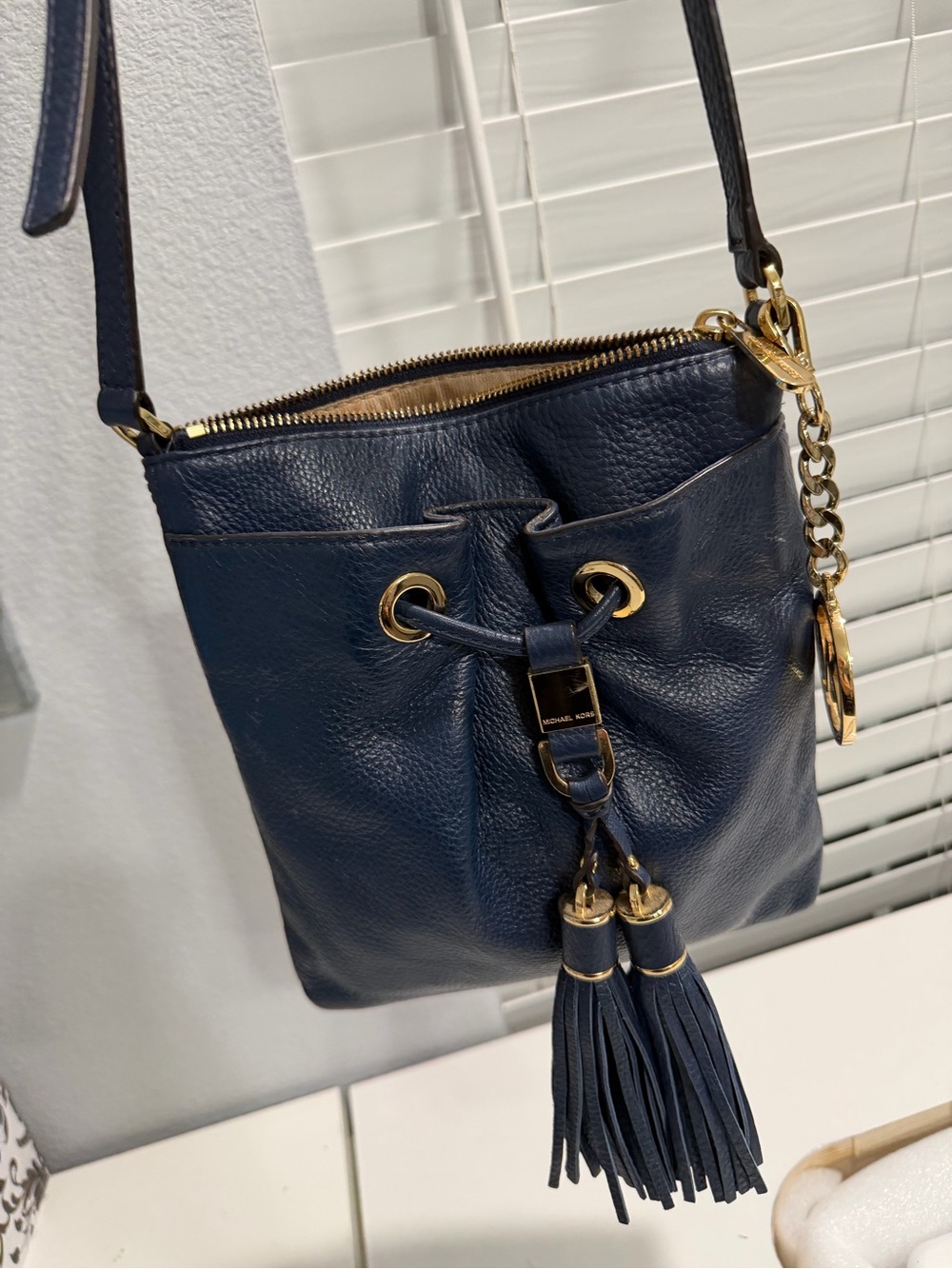 Michael Kors Navy Leather Tassel Drawstring Crossbody
